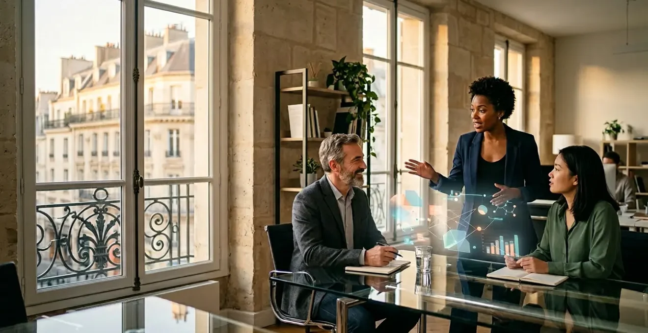 Professionnels du marketing en réunion stratégique avec tableaux de données IA et documents juridiques