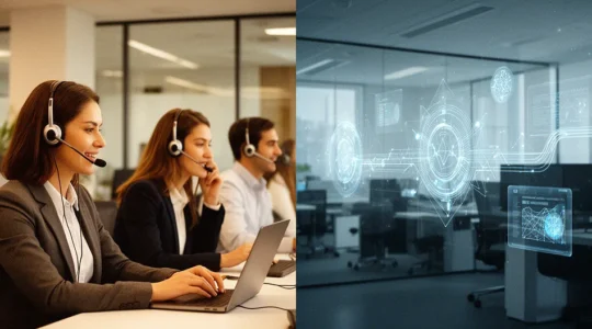 Interface de support client moderne mêlant automatisation et relation humaine dans un environnement professionnel