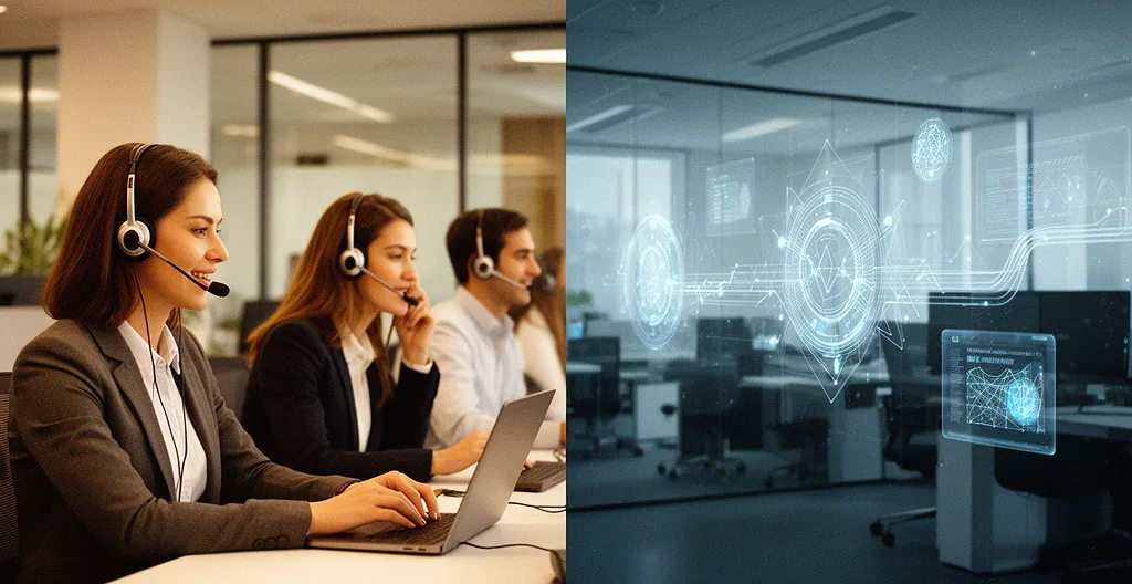 Interface de support client moderne mêlant automatisation et relation humaine dans un environnement professionnel