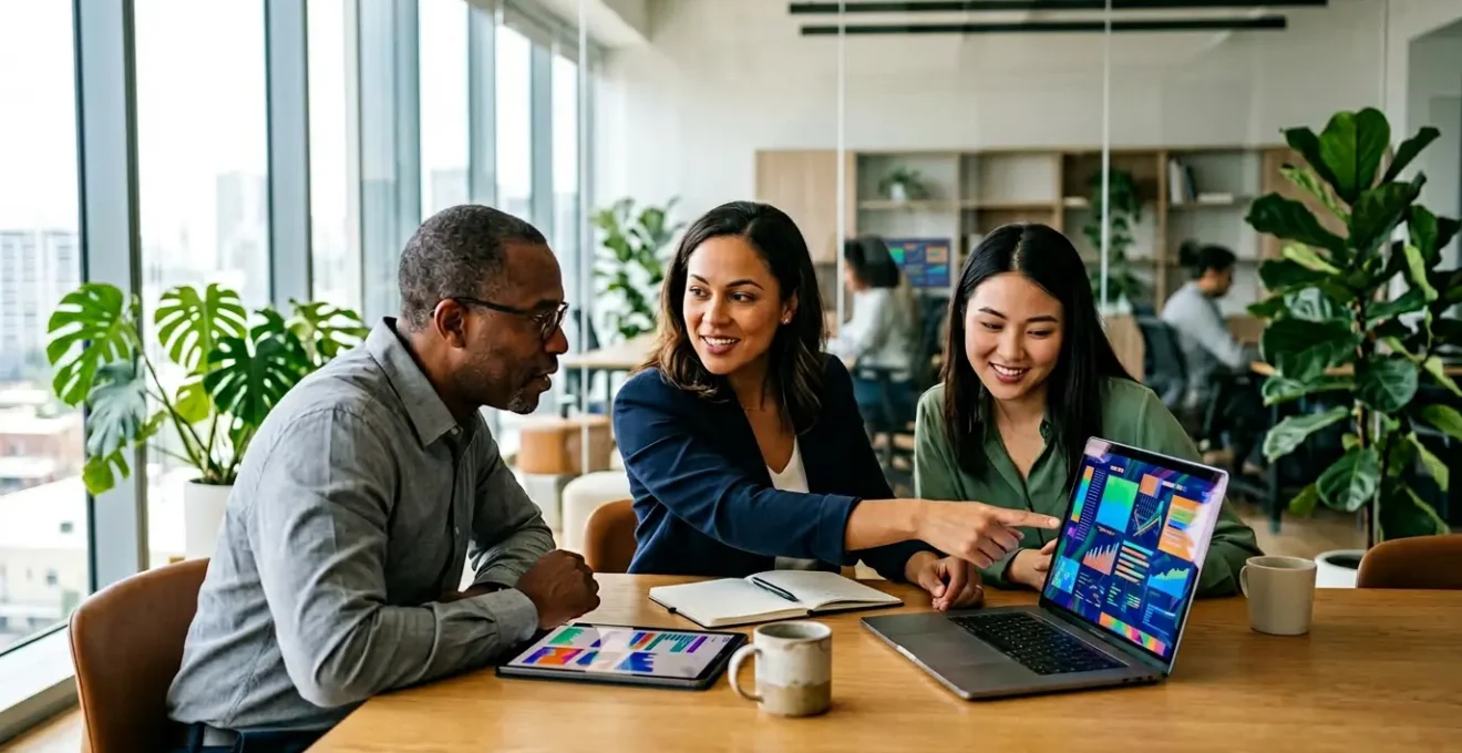 Professionnels analysant des données sur plusieurs écrans dans un environnement de travail moderne