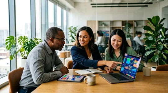 Professionnels analysant des données sur plusieurs écrans dans un environnement de travail moderne