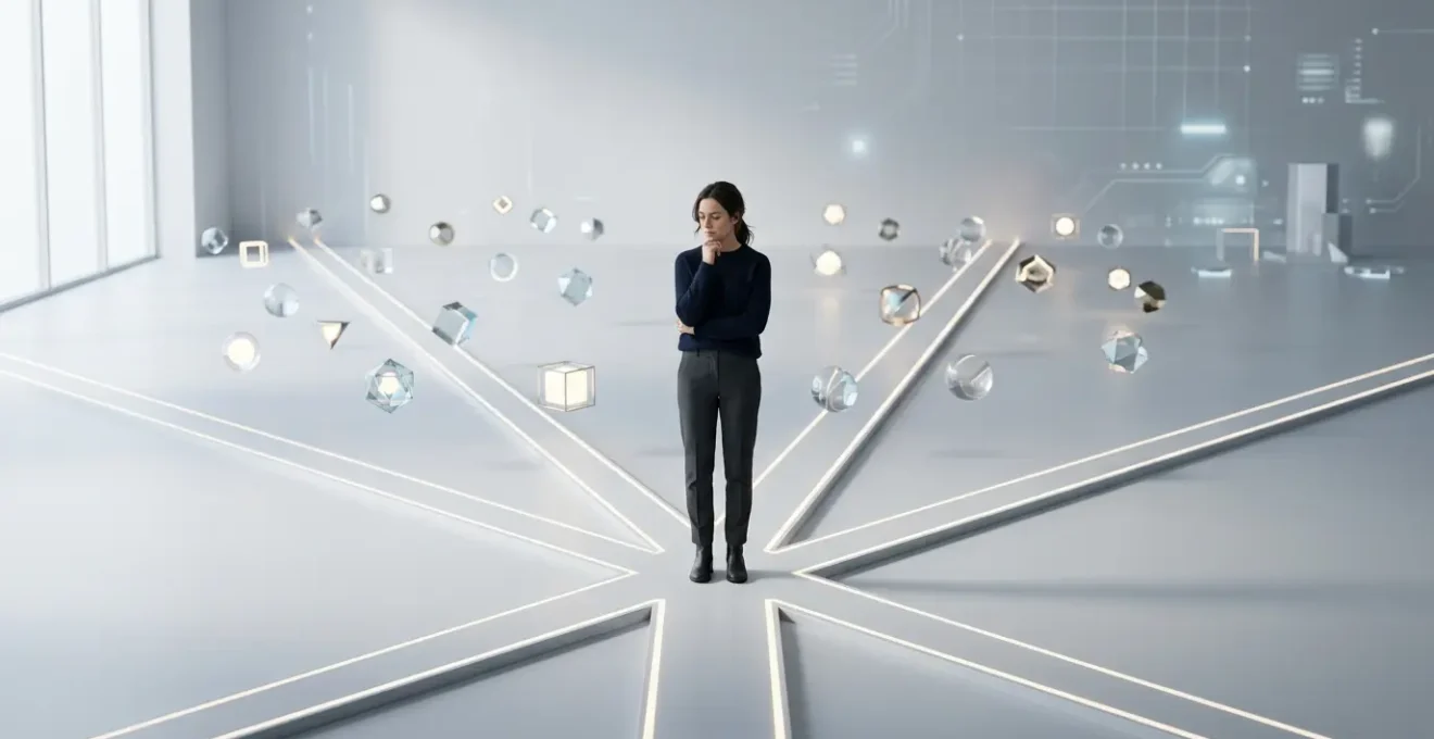 Personne face à de multiples choix dans un environnement technologique minimaliste