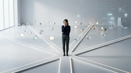 Personne face à de multiples choix dans un environnement technologique minimaliste