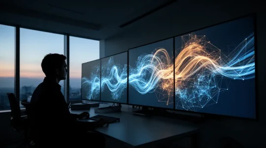 Centre de surveillance réseau avec écrans affichant des flux de données et un analyste observant des anomalies