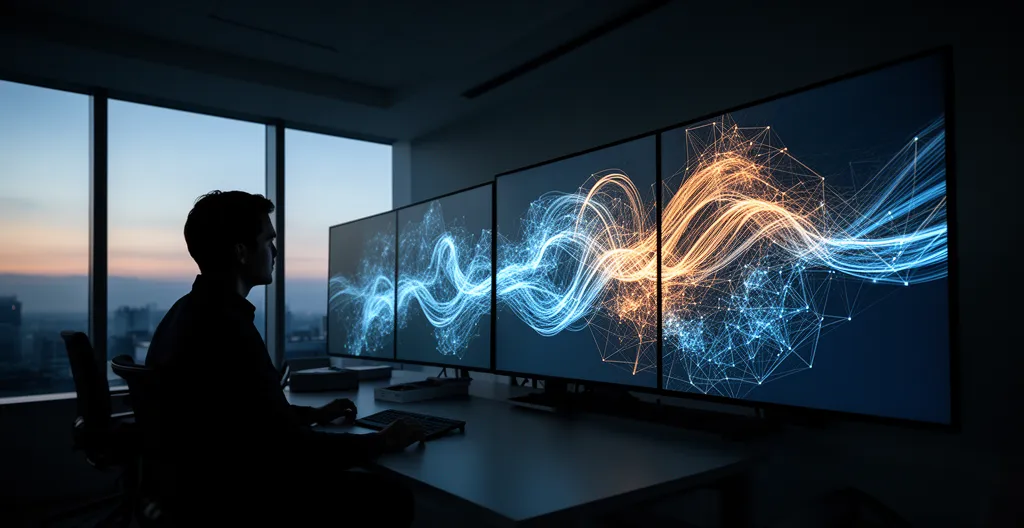 Centre de surveillance réseau avec écrans affichant des flux de données et un analyste observant des anomalies