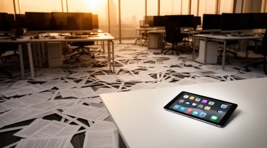 Environnement de travail moderne avec plusieurs écrans éteints et documents empilés symbolisant la surcharge informationnelle