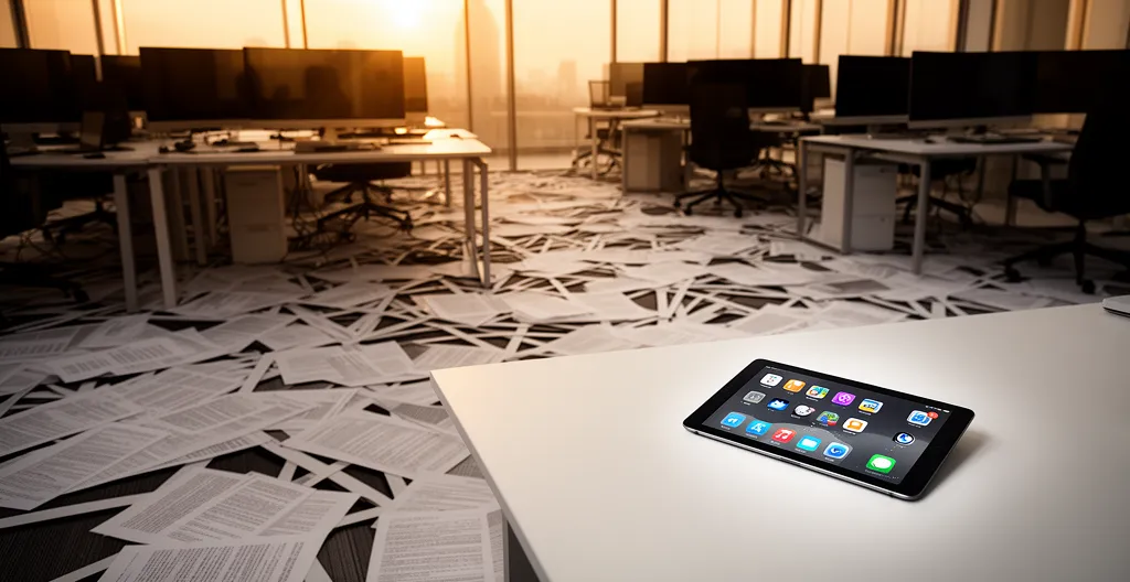 Environnement de travail moderne avec plusieurs écrans éteints et documents empilés symbolisant la surcharge informationnelle