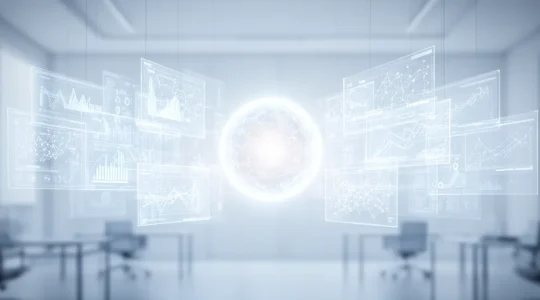 Bureau moderne avec écrans montrant des visualisations de données interconnectées, symbolisant la transformation de la gestion des données