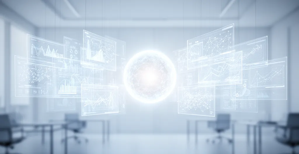 Bureau moderne avec écrans montrant des visualisations de données interconnectées, symbolisant la transformation de la gestion des données