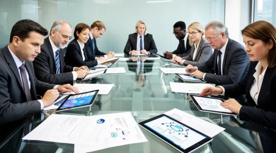 Équipe d'entreprise analysant des documents de conformité AI Act dans un environnement de bureau moderne