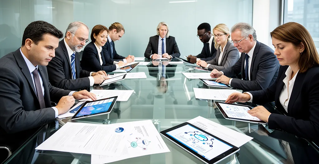 Équipe d'entreprise analysant des documents de conformité AI Act dans un environnement de bureau moderne