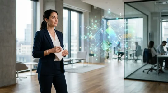 Scène moderne montrant une interaction client personnalisée dans un environnement numérique respectueux de la vie privée, avec des éléments abstraits symbolisant la protection des données