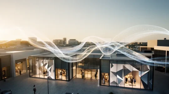 Vue aérienne d'un centre commercial moderne avec flux de données numériques translucides reliant les boutiques