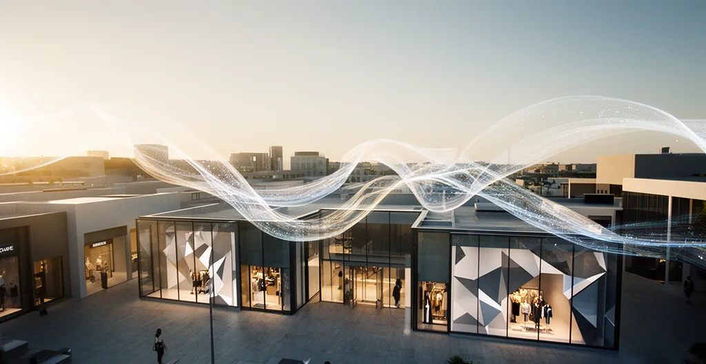 Vue aérienne d'un centre commercial moderne avec flux de données numériques translucides reliant les boutiques