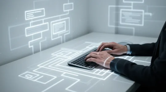 Développeur examinant des structures HTML sur un écran avec des motifs géométriques symbolisant l'organisation sémantique du code