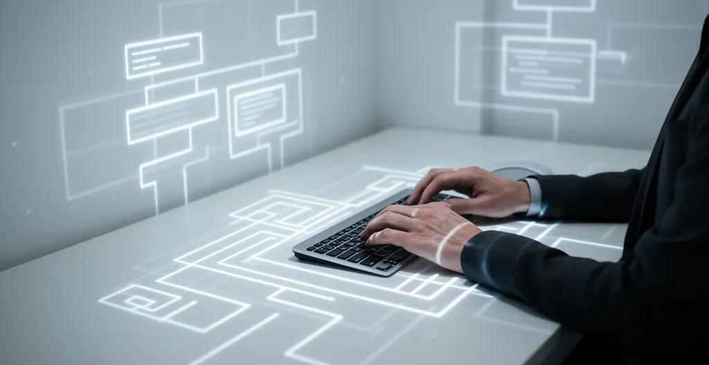 Développeur examinant des structures HTML sur un écran avec des motifs géométriques symbolisant l'organisation sémantique du code