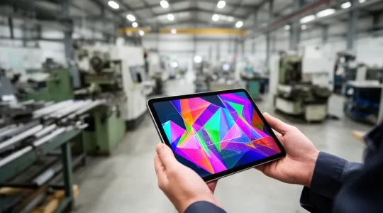 Vue moderne d'un atelier de production PME intégrant technologies numériques et opérateurs utilisant tablettes tactiles