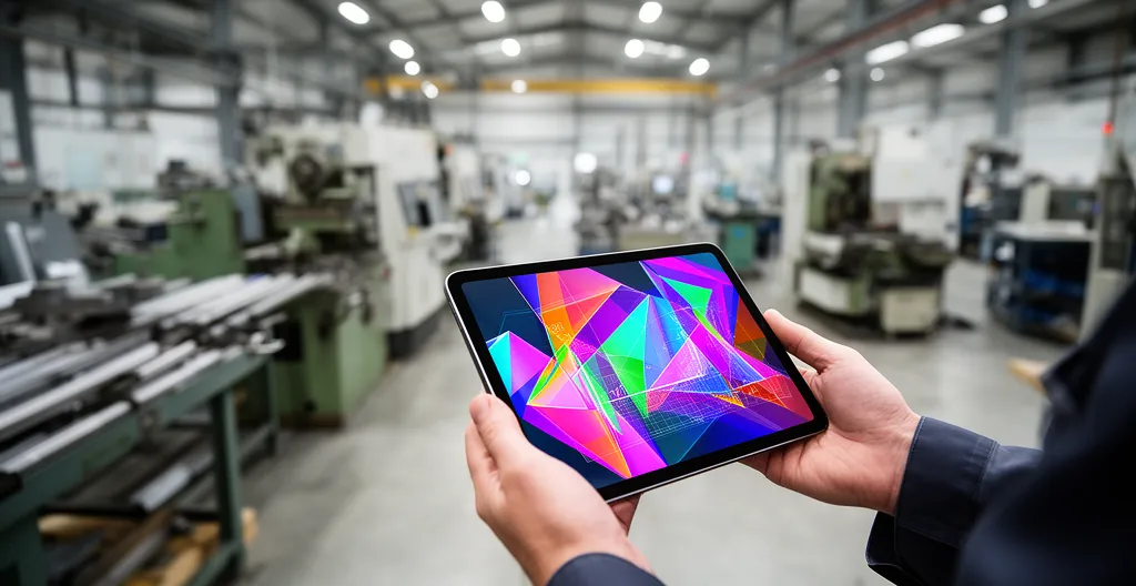 Vue moderne d'un atelier de production PME intégrant technologies numériques et opérateurs utilisant tablettes tactiles