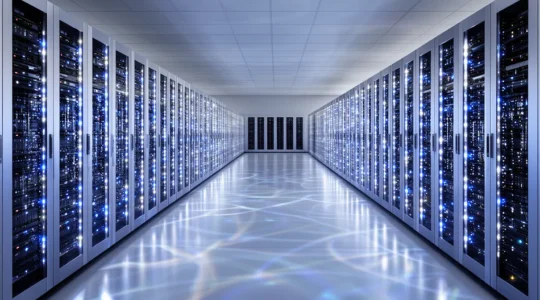 Centre de données sécurisé avec serveurs et connexions réseau luminescentes dans un environnement hautement protégé