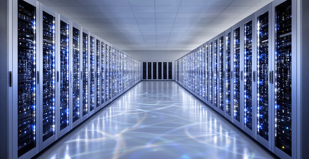 Centre de données sécurisé avec serveurs et connexions réseau luminescentes dans un environnement hautement protégé