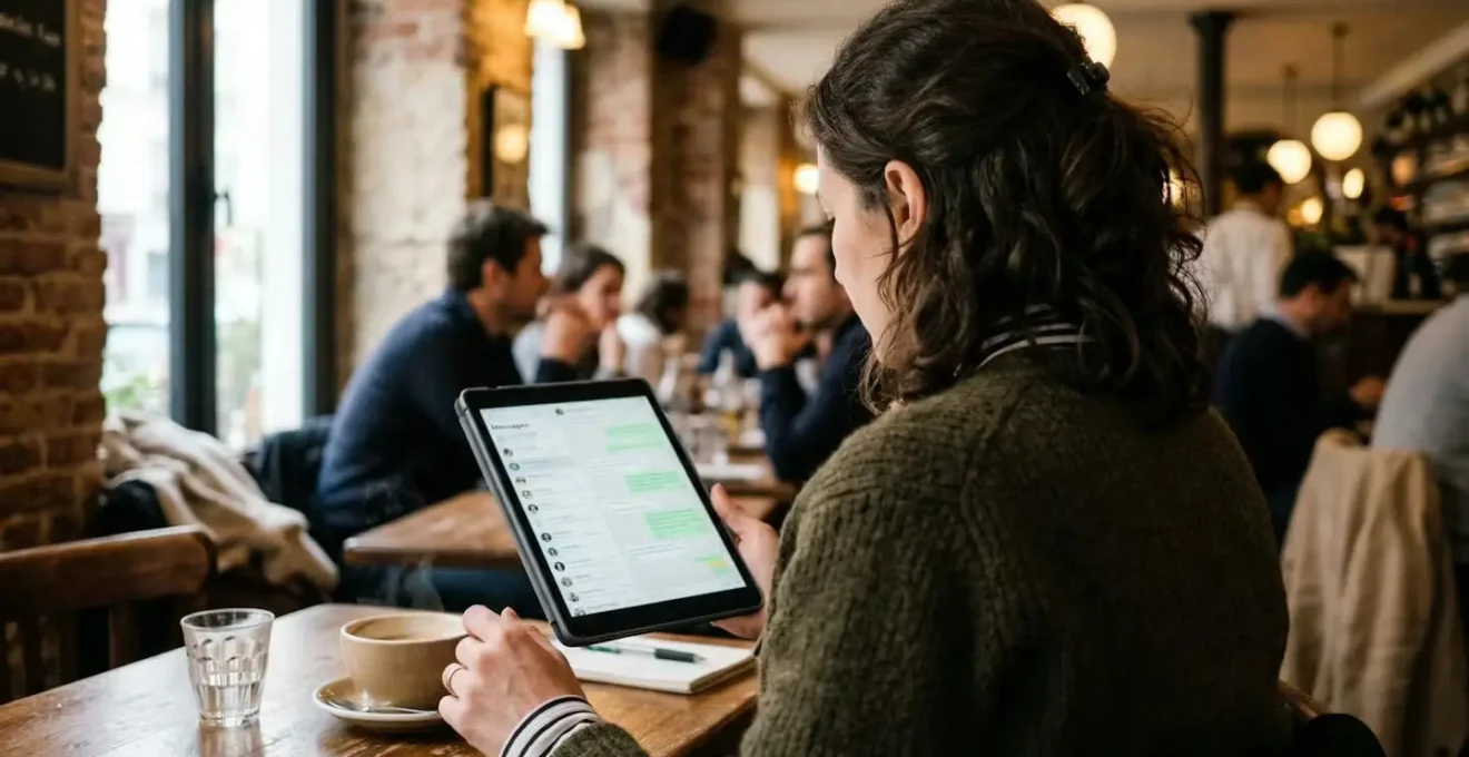 Utilisateur consultant interface chatbot IA sur tablette dans espace détendu