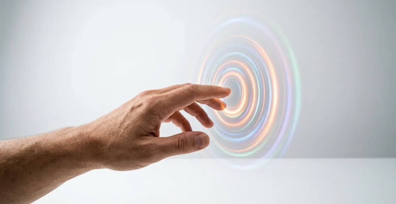 Un doigt humain interagit avec une interface holographique flottante dans un espace minimaliste, créant des ondulations lumineuses colorées