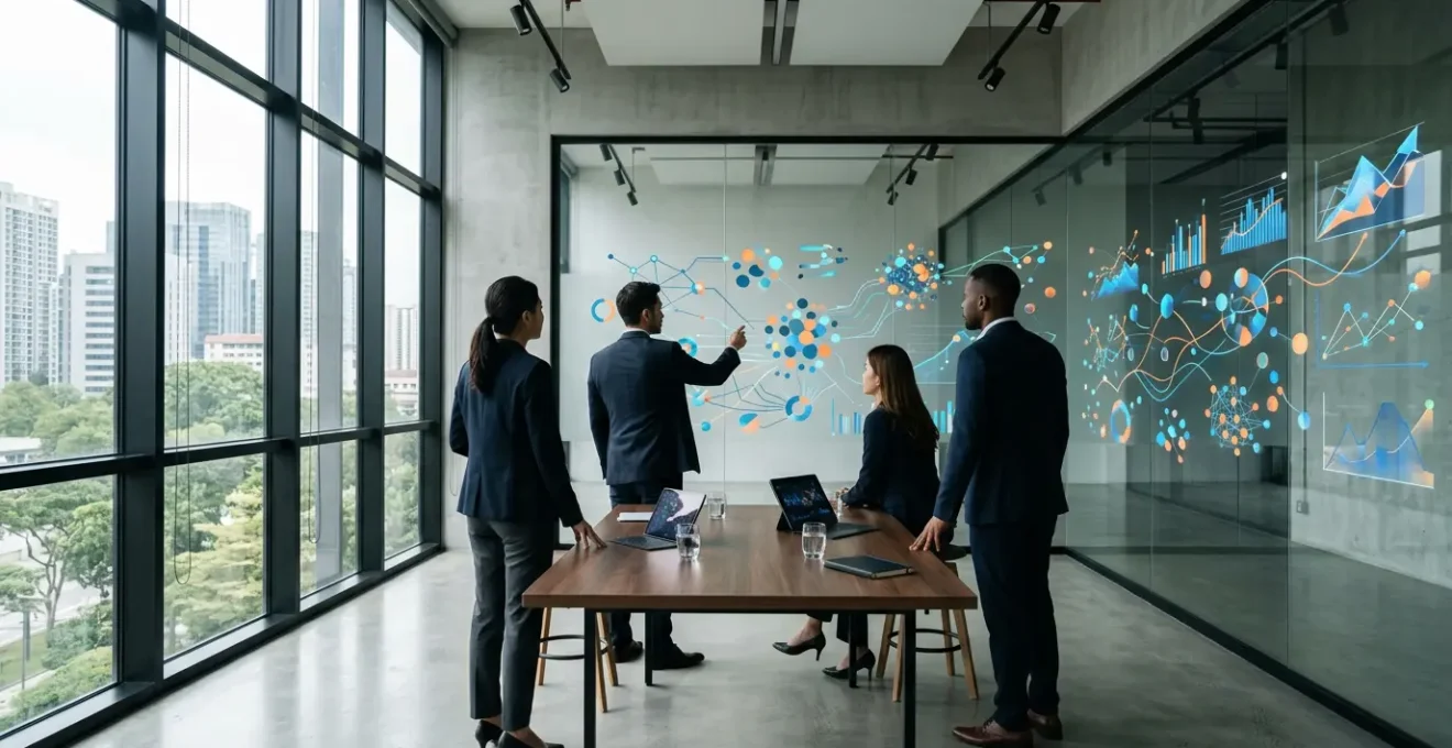 Vue stratégique d'un bureau moderne avec tableaux de données financières et schémas de parcours utilisateur