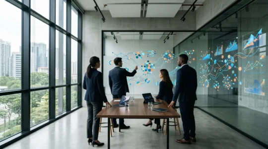 Vue stratégique d'un bureau moderne avec tableaux de données financières et schémas de parcours utilisateur