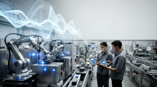 Tableau de bord futuriste montrant des analyses prédictives dans un environnement industriel