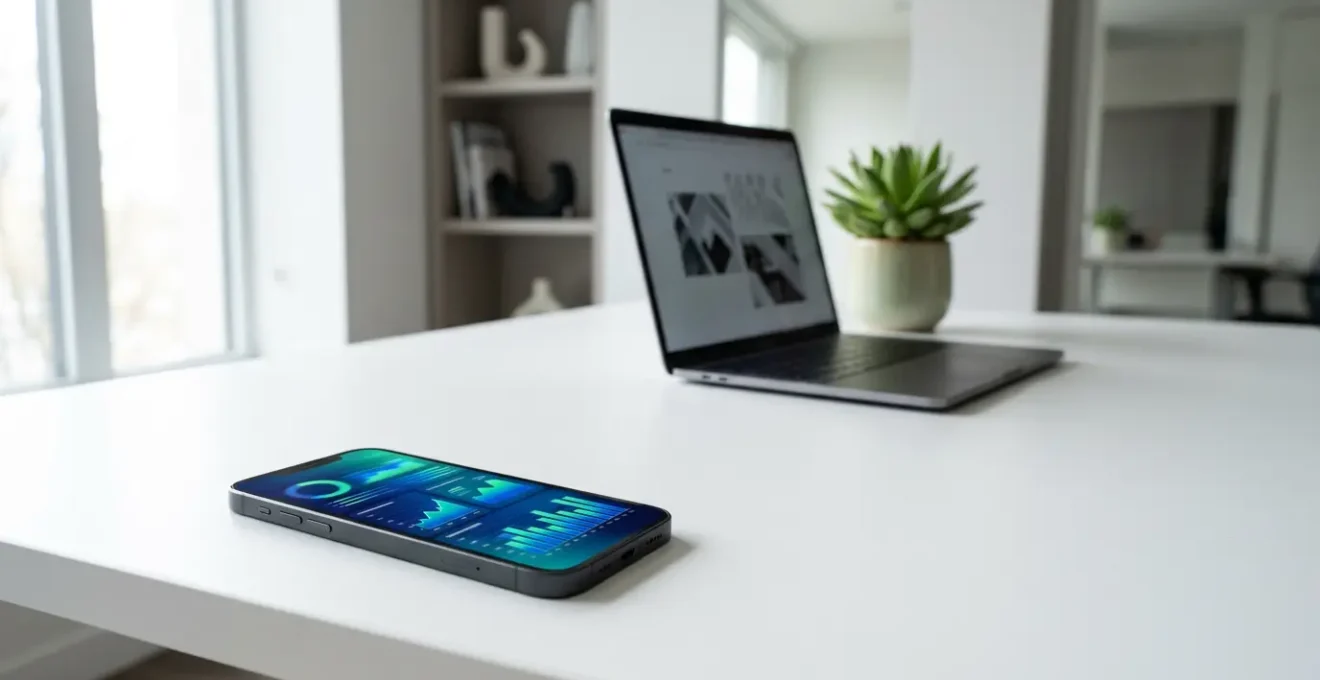 Écran de smartphone affichant des métriques de performance web avec des graphiques colorés dans un environnement professionnel