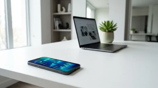 Écran de smartphone affichant des métriques de performance web avec des graphiques colorés dans un environnement professionnel