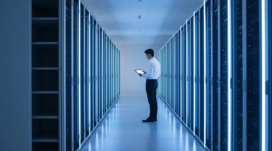 Centre de données moderne avec serveurs rack éclairés en bleu et technicien consultant une tablette
