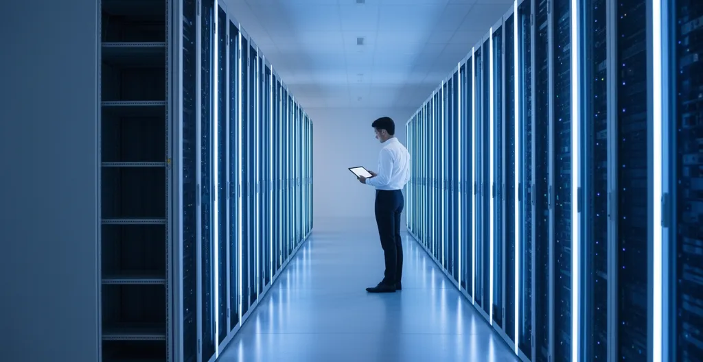 Centre de données moderne avec serveurs rack éclairés en bleu et technicien consultant une tablette