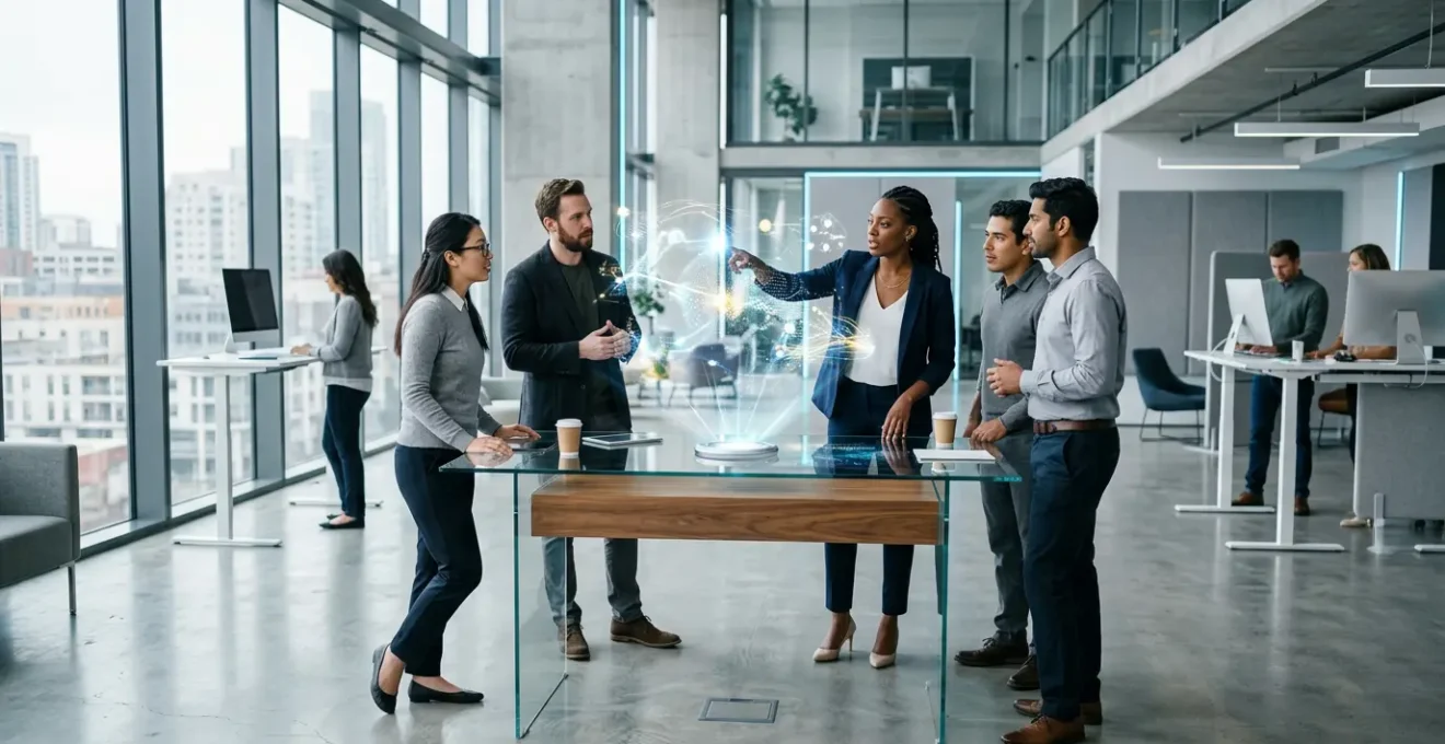 Professionnel en environnement de bureau moderne analysant des données sur plusieurs écrans avec des flux de données abstraits