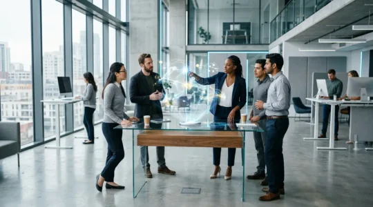 Professionnel en environnement de bureau moderne analysant des données sur plusieurs écrans avec des flux de données abstraits