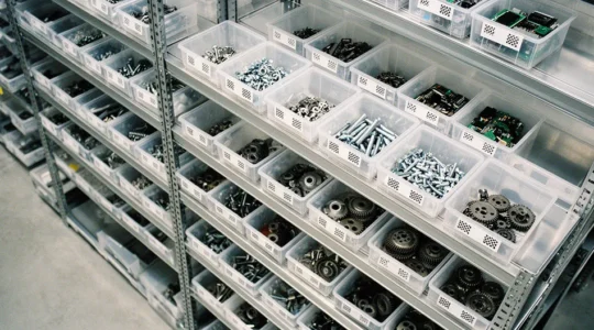 Vue en plongée d'un entrepôt moderne avec système de rangement intelligent et tableaux de bord analytics