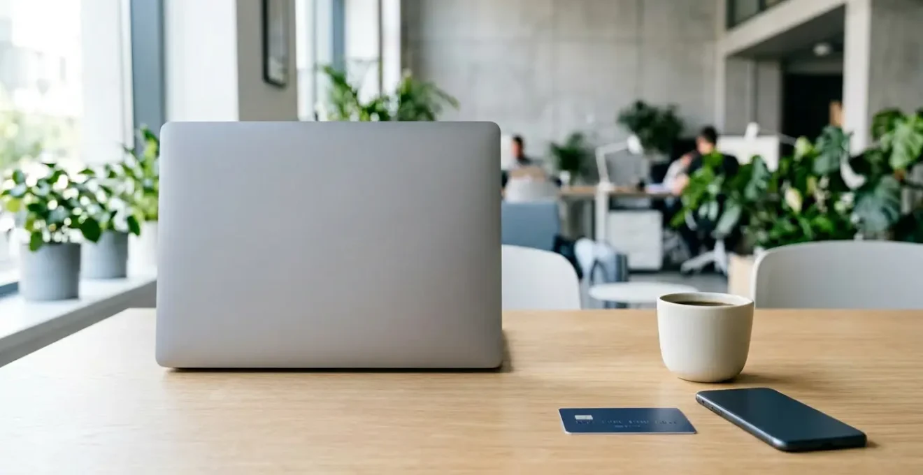 Interface de paiement moderne sur écran d'ordinateur dans un environnement de bureau lumineux