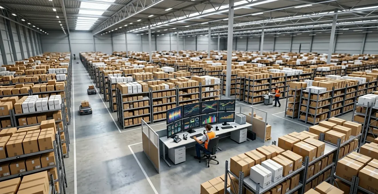 Vue d'ensemble d'un entrepôt moderne avec système de gestion automatisée des stocks