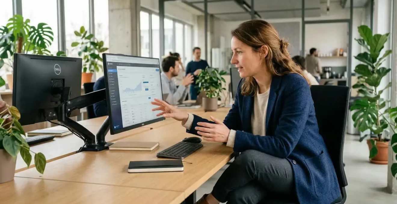 Professionnelle analysant interface web moderne avec intelligence artificielle en bureau lumineux