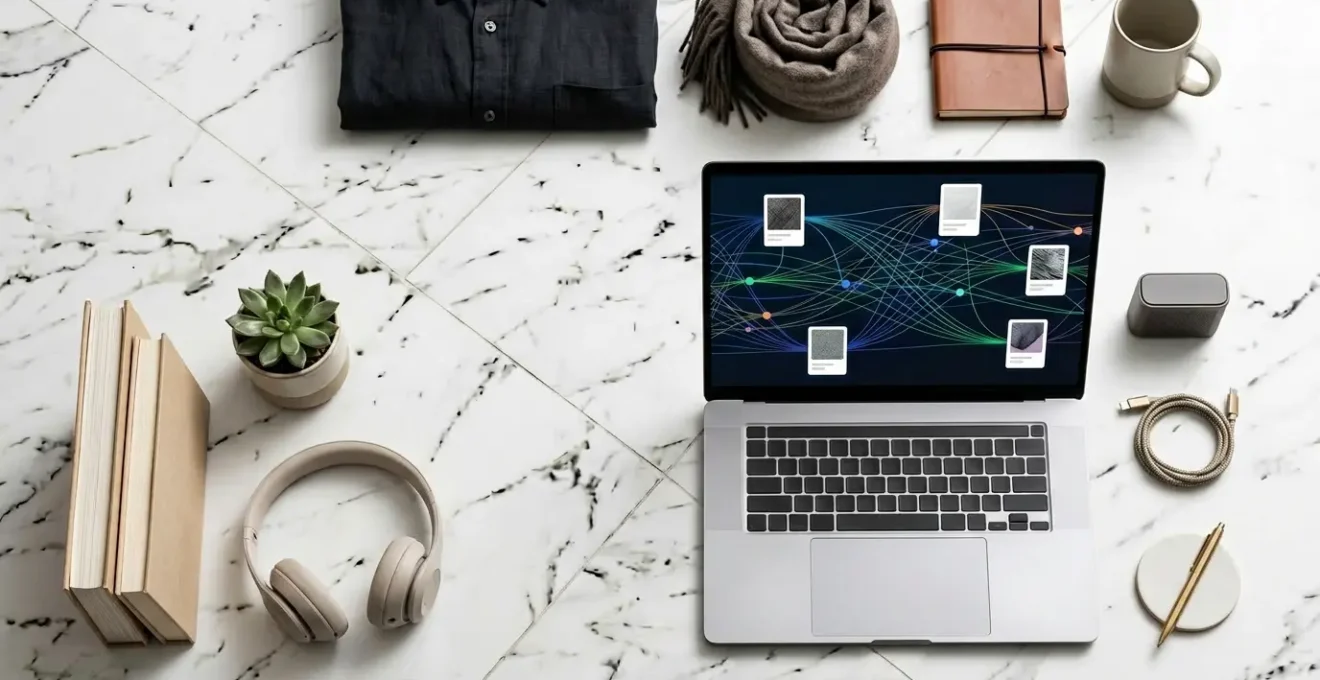 Interface e-commerce moderne montrant des suggestions de produits personnalisées avec analyse de données en arrière-plan