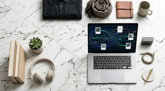 Interface e-commerce moderne montrant des suggestions de produits personnalisées avec analyse de données en arrière-plan