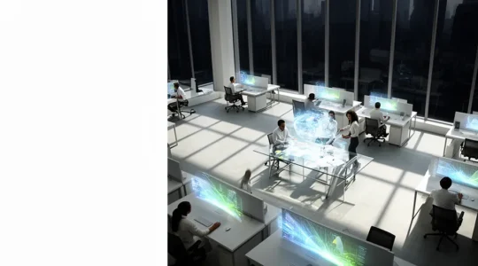 Bureau moderne avec écrans affichant des graphiques de réduction de coûts et une équipe en réunion stratégique