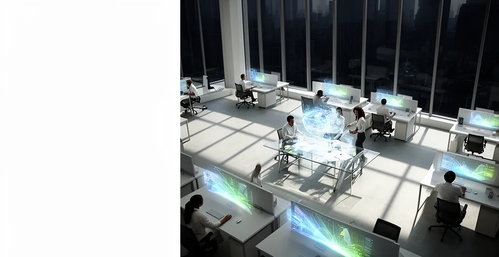 Bureau moderne avec écrans affichant des graphiques de réduction de coûts et une équipe en réunion stratégique