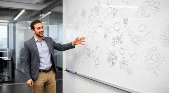 Expert consultant présentant une stratégie de contenu devant un tableau blanc rempli de frameworks et diagrammes dans un bureau moderne