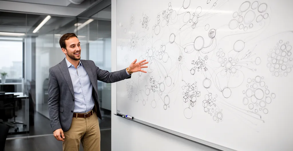 Expert consultant présentant une stratégie de contenu devant un tableau blanc rempli de frameworks et diagrammes dans un bureau moderne
