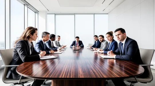 Salle de réunion moderne avec dirigeants analysant des tableaux de bord interactifs sur grand écran