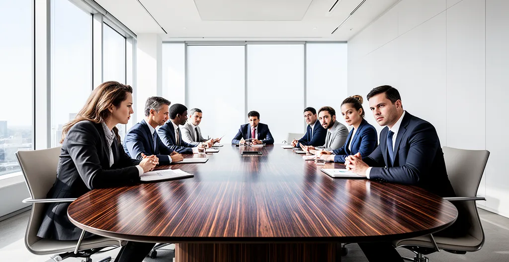 Salle de réunion moderne avec dirigeants analysant des tableaux de bord interactifs sur grand écran