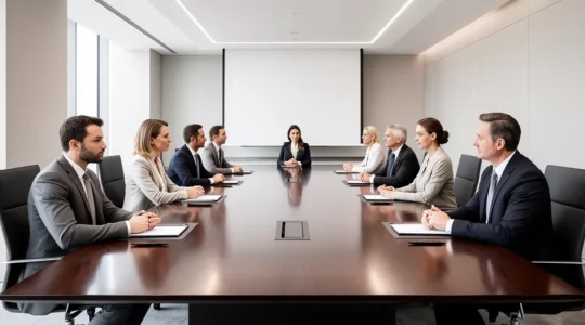Réunion de comité de direction moderne avec tableau de bord interactif et données en temps réel
