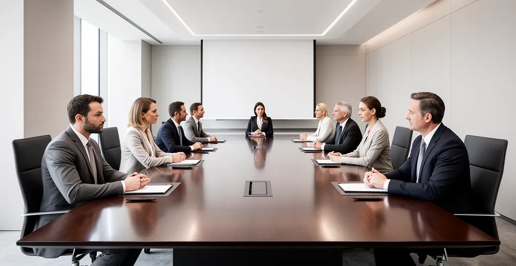 Réunion de comité de direction moderne avec tableau de bord interactif et données en temps réel