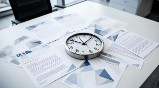 Mise en scène d'un environnement de bureau administratif sous tension avec des documents officiels et un chronomètre suggérant l'urgence de la conformité RGAA
